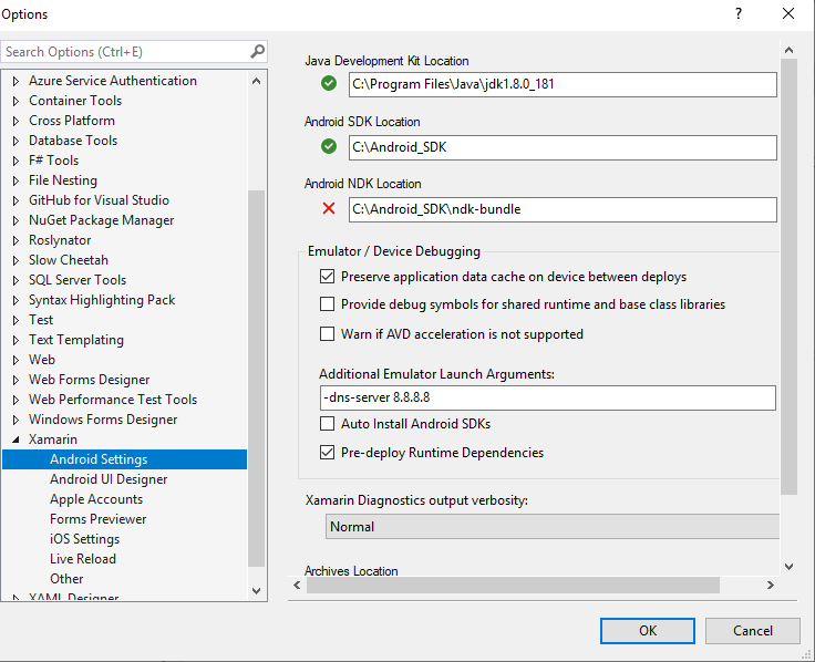 Visual Studio Android Emulator DNS Launch Settings
