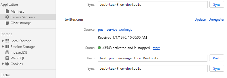 Service Worker area in Chrome Dev Tools