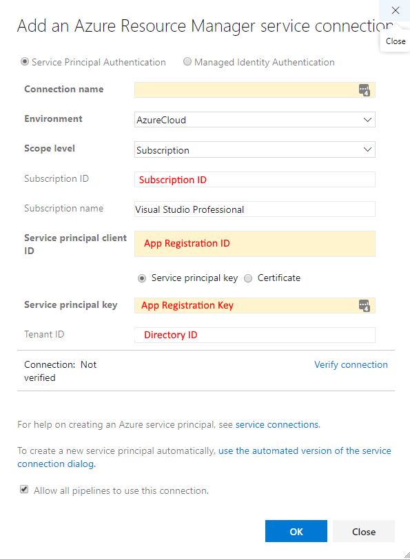 Additional steps when creating the service connection